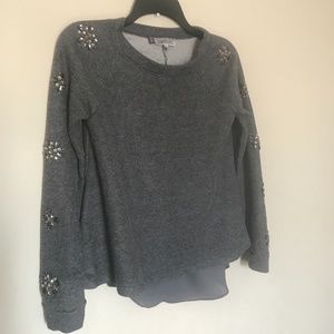 Jennifer Lopez Grey Rhinestone Appliqué Top w/Sheer back panel insert. Small